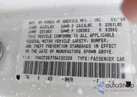 2009 Honda Accord 2.4 Ex из США, поврежденный, VIN 1HGCP26779A120329